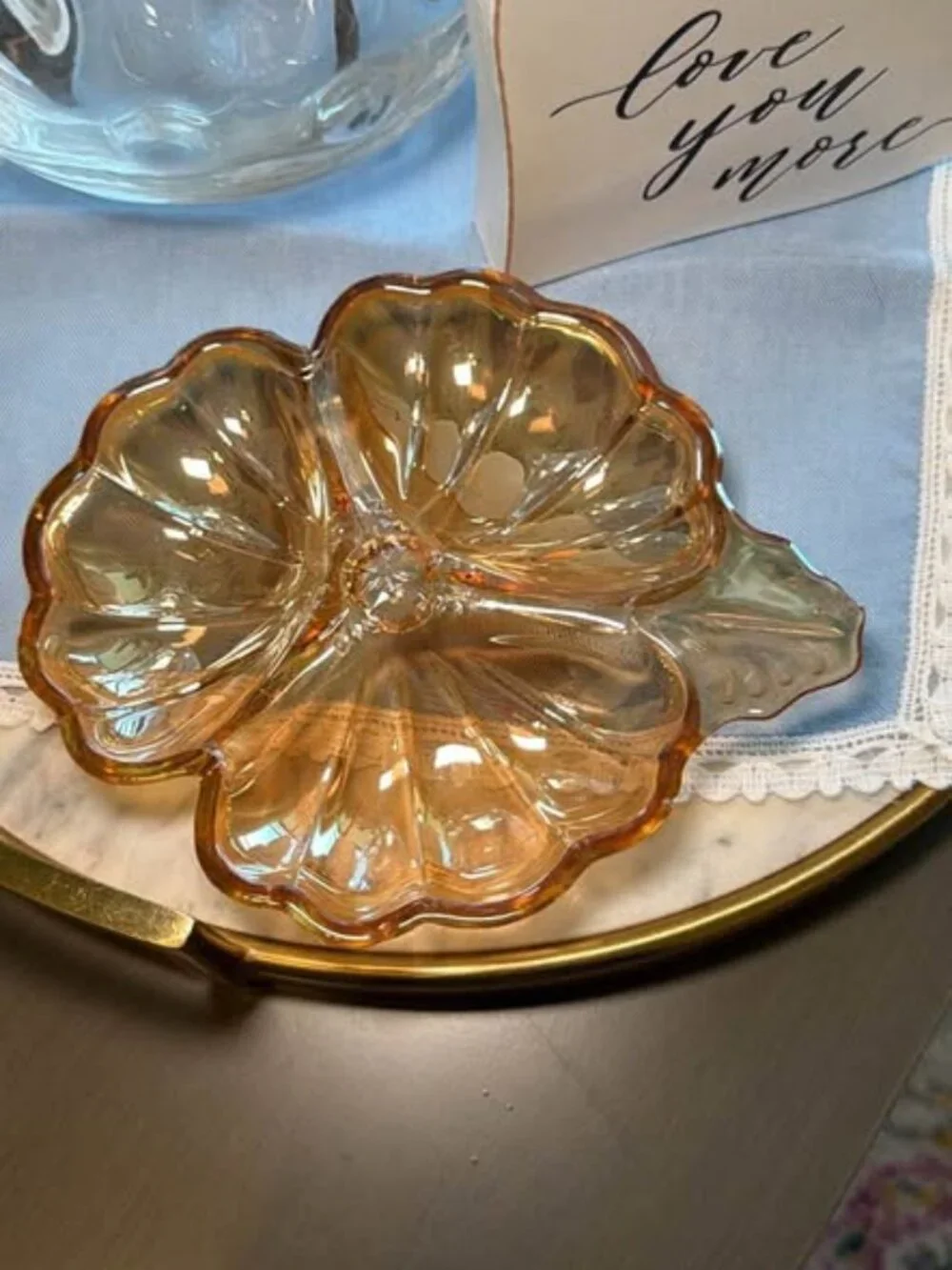 Vintage Marigold Carnival Glass Pansy Dish